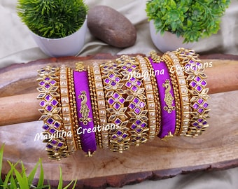 Peacock Charm Silk Thread Bangles with Kundan Border Bangles for Women