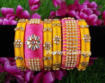 Yellow and Pink Silk Thread Bangles Set