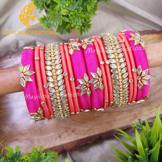 Pink and Peach Silk Thread Budget Friendly Bangles for Women Indian Ethnic Bangles for Wedding Etsy
