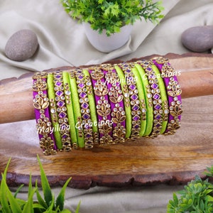Green and Purple Rich Kundan Silk Thread Bangles for Wedding for Women