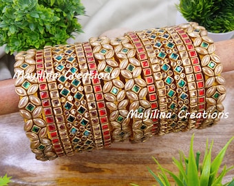 Red and Green Kundan Silk Thread Bridal Bangles for Wedding, Bridal Shower