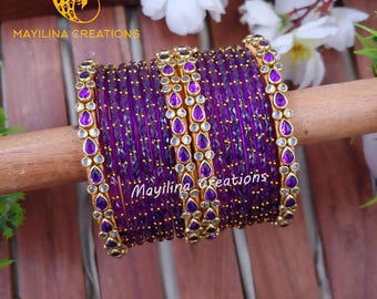 Silk Thread Bangles with Glass Bangles Combo (Set of 16 Bangles)