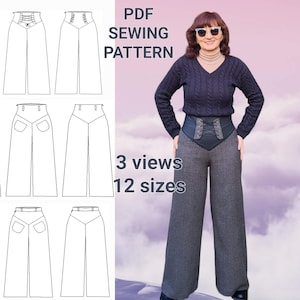 PDF SEWING PATTERN wide leg trousers 12 sizes three views instructions with ilustrations step by step english spanish easy to sew