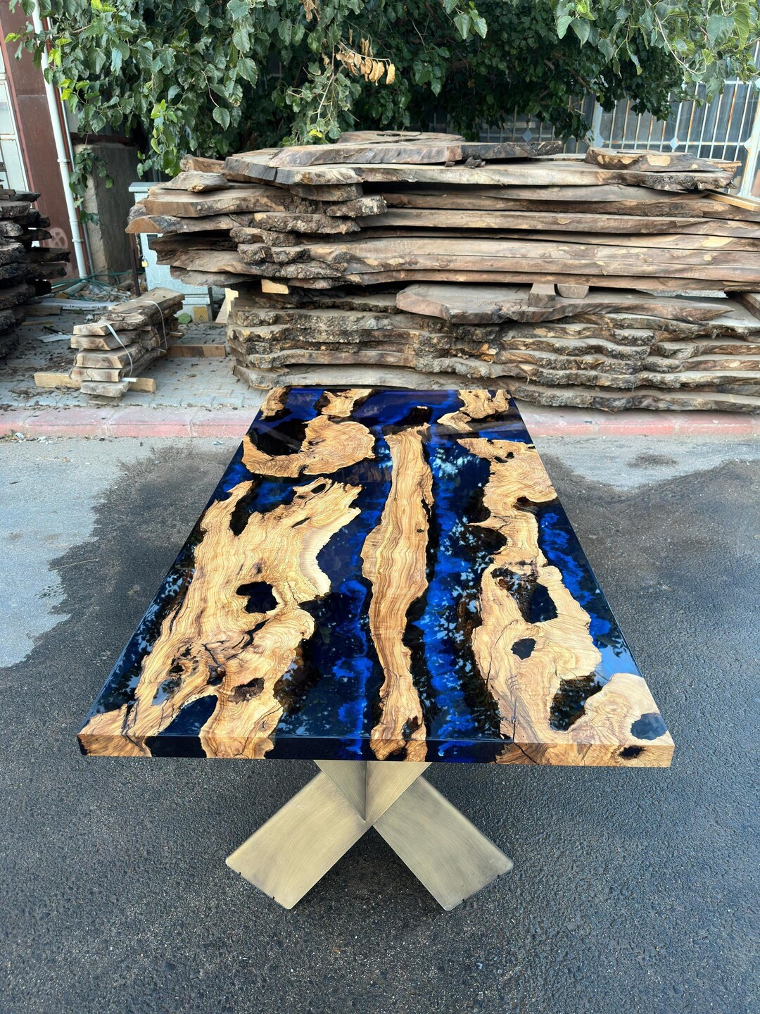 Olive Blue Ocean Epoxy Resin Dining Table, Olive Wood Epoxy Table, Live