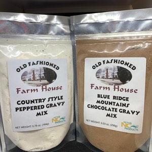 Farm House Gravy mixes, Old Fashioned Peppered Gravy Mix, Blue Ridge Mountains Chocolate Gravy Mix. Country Style.