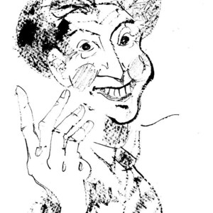 May include: A black and white sketch of a person with a hat, smiling and gesturing with their hand. The drawing style is loose and expressive, with visible brushstrokes and shading. The artist's signature is in the bottom right corner.