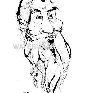 May include: A black and white ink drawing of a man's face, featuring a long beard and a hat. The artwork is a caricature with exaggerated features, including a large nose and a prominent beard. The artist's signature is in the lower left corner.