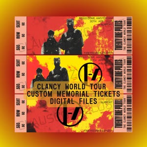 Puede incluir: Un boleto para la gira mundial Clancy World Tour de Twenty One Pilots, con una imagen en blanco y negro del logotipo de la banda. El boleto es para un concierto en el Ziggo Dome de Ámsterdam el 30 de abril de 2025. El boleto también incluye el texto "Custom Memorial Tickets Digital Files".