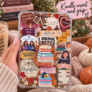 May include: A clear protective case for a Kindle e-reader featuring a collage of autumn-themed stickers. The design includes text such as I DRINK COFFEE, SWEATER WEATHER, and various references to fictional locations like Stars Hollow and Luke's Diner.