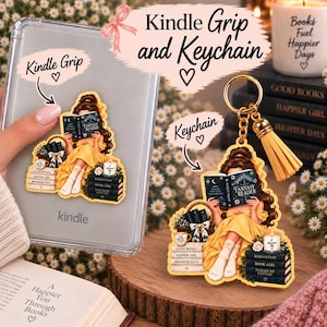 May include: A Kindle grip and a keychain featuring an illustration of a person in a yellow dress reading a book titled Fantasy Reader. The items include stacks of books labeled Good Books, Happier Girl, Brighter Days, Romantasy, Book Girl, and Fueled by Fantasy.