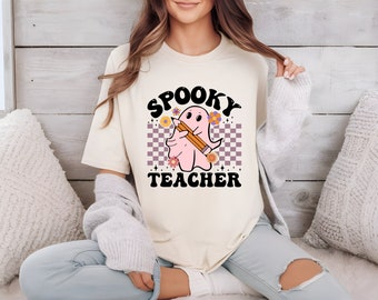 不気味な先生のシャツ、ハロウィーンの先生のシャツ、鉛筆を持った幽霊のシャツ、先生のTシャツ、テーマのある先生のシャツ、幽霊のTシャツ、先生