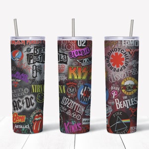 20oz Skinny Tumbler With Straw, Rock Bands, Kiss, ACDC, Def Leopard, Metallica, Insulated Tumbler, 80&#39;s Rock Bands, Led Zeppelin, Cups