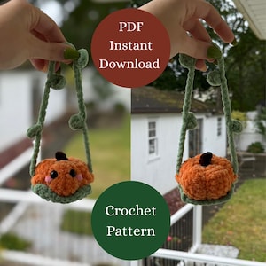 May include: Two crochet pumpkin ornaments, each suspended by green vines. The pumpkins are orange with brown stems and sit on green bases. The image includes text that says "PDF Instant Download" and "Crochet Pattern".