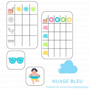 Può includere: Un foglio di lavoro stampabile con una griglia e varie immagini a tema estivo, tra cui un sole, occhiali da sole, infradito, una borsa da spiaggia, un salvagente e un ragazzo in piscina. Il testo "NUAGE BLEU" e "Création de ressources pédagogiques" si trova nella parte inferiore della pagina.