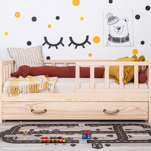 Cama infantil con protección contra caídas, cama Montessori, cama doble, cajón con función para dormir, Moon