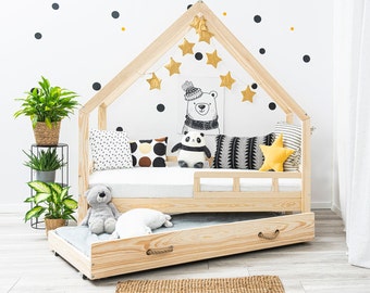 Hausbett mit Schublade, Geländer, Kinderbett, House Kids Bed, Lit cabane, Montessori Bed, Wood Toddler Bed - TANOSHI