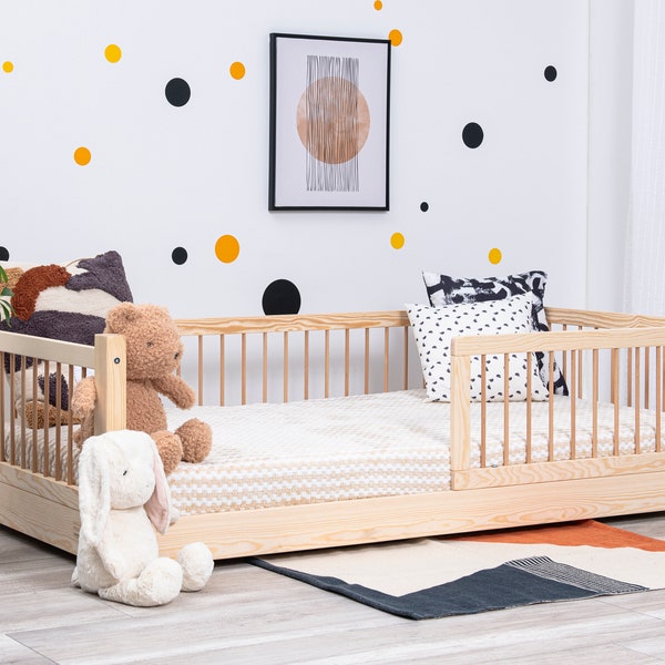 Kinderbed met valbeveiliging, Montessori bed, vloerbed, ronde sporten, Maan