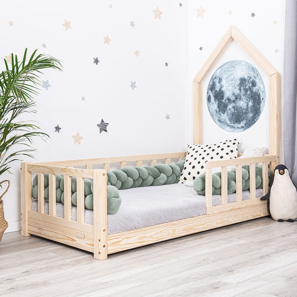 Huisbed met valbeveiliging, kinderbed, House Kids Bed, Lit cabane, Montessori Bed, Houten Peuterbed - MANE