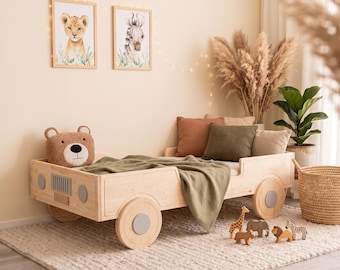 Wooden Car Bed for Kids – Off-Road Vehicle Toddler Bed with Slatted Base – Adventure Bed for Little Drivers