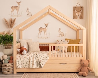 Lit cabane KUU avec tiroir – Lit Montessori en bois pour enfant avec barrière de sécurité