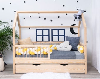 Hausbett mit Schublade und rausfallschutz, Kinderbett, House Kids Bed, Lit cabane, Montessori Bed, Wood Toddler Bed - LUNO