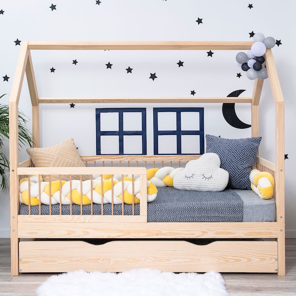 House bed with drawer, fall protection, children's bed, Kids House Bed, Lit cabane, Montessori Bed, Wood Toddler Bed, Floor Bed - LUNO