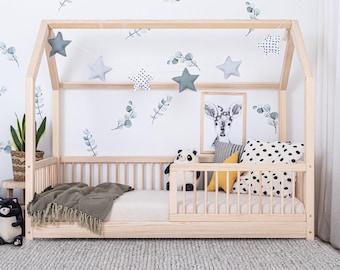 Lit cabane avec Barreaux de Sécurité, lit enfant, lit cabane enfant, lit cabane, lit Montessori, lit enfant bois, lit au sol - LUNO