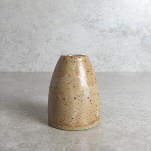 May include: A small, speckled ceramic vase with a rounded body and a narrow opening. The vase is a light tan colour with dark brown speckles and a slightly lighter base. The background is a neutral grey.
