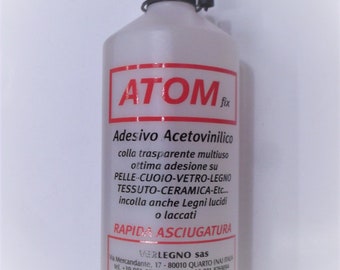 „Atom Fix“-Kleber für Stoffe und verschiedene Vinylacetate, 200- oder 500-g-Flasche.