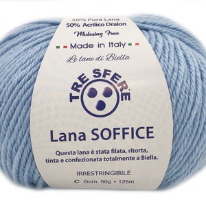 Ovillo de Lana Suave Tres Esferas Made in Italy 50 Lanas 50 Dralon 125 m. agujas o ganchillo 4/5 CELESTE LS118-19