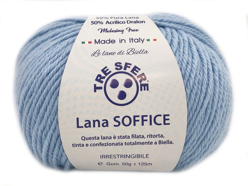 Ovillo de Lana Suave Tres Esferas Made in Italy 50 Lanas 50 Dralon 125 m. agujas o ganchillo 4/5 CELESTE LS118-19