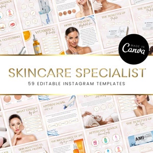 59 Skincare Instagram Post Templates, Pink & Gold Luxury, Editable, Estheticians, Facials, Skin Boosters, Beauty Posts