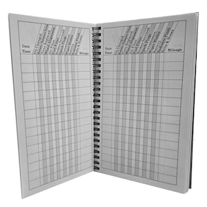 May include: A black and white log book with a spiral binding. The book has columns for date, time, oil changed, rotate/balance tires, tires replaced, air filter, wheel alignment, fuel filter, brakes serviced, spark plugs, transmission, wiper blades, battery, radiator flush, belts & hoses, and mileage.