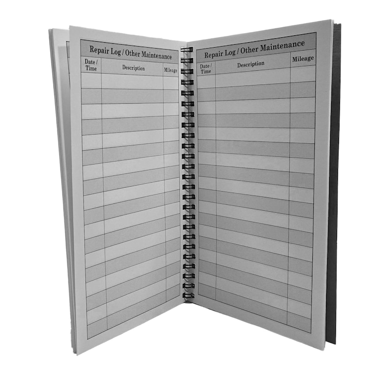 May include: An open spiral bound notebook with a gray cover and black text that reads "Repair Log/Other Maintenance". The notebook has columns for date, time, description, and mileage.