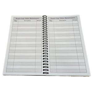 May include: A blank, white, spiral bound notebook with the text "Repair Log/Other Maintenance" at the top of each page. The notebook is divided into three columns: Date/Time, Description, and Mileage.