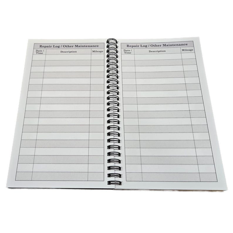 May include: A blank, white, spiral bound notebook with the text "Repair Log/Other Maintenance" at the top of each page. The notebook is divided into three columns: Date/Time, Description, and Mileage.