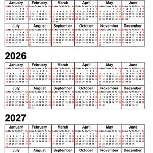 Pode incluir: Um calend&aacute;rio para os anos de 2025, 2026 e 2027. Cada m&ecirc;s &eacute; exibido em uma caixa separada com os dias da semana rotulados como Su, Mo, Tu, We, Th, Fr e Sa. Os meses s&atilde;o organizados em linhas de seis, com janeiro no canto superior esquerdo e dezembro no canto inferior direito.