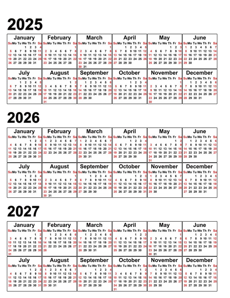Pode incluir: Um calend&aacute;rio para os anos de 2025, 2026 e 2027. Cada m&ecirc;s &eacute; exibido em uma caixa separada com os dias da semana rotulados como Su, Mo, Tu, We, Th, Fr e Sa. Os meses s&atilde;o organizados em linhas de seis, com janeiro no canto superior esquerdo e dezembro no canto inferior direito.