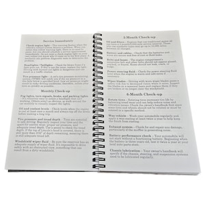 May include: A two-page spread from a car maintenance guidebook. The left page lists service items to be done immediately, monthly, and every three months. The right page lists service items to be done every three months and six months. The guidebook is printed on white paper with black text.