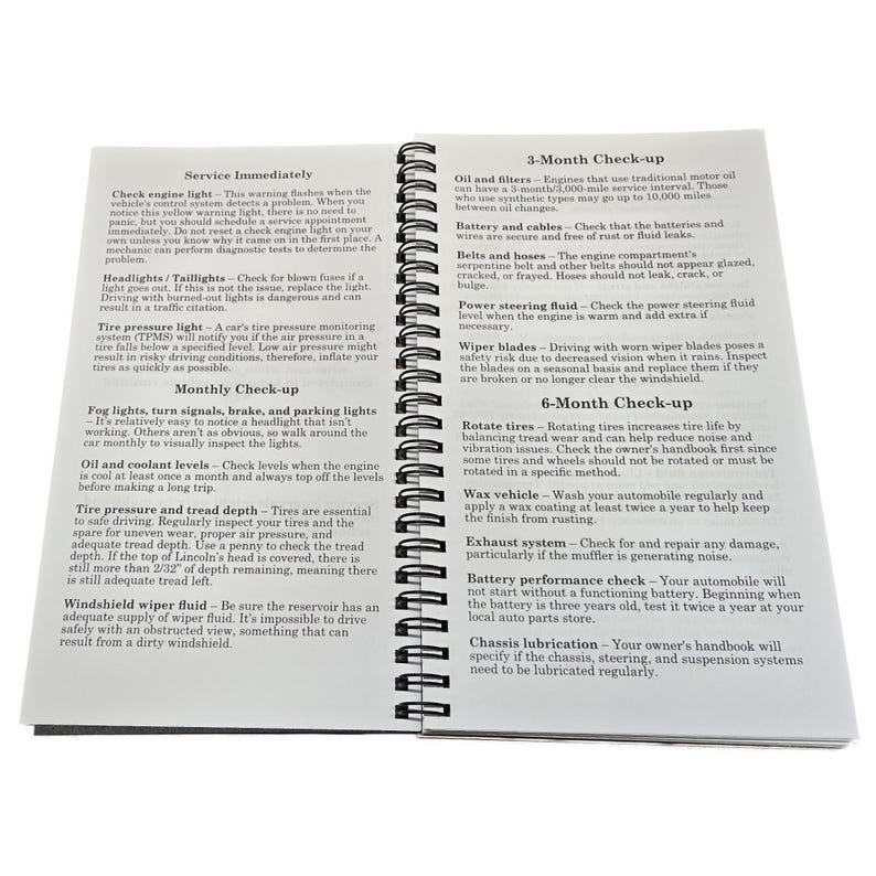 May include: A two-page spread from a car maintenance guidebook. The left page lists service items to be done immediately, monthly, and every three months. The right page lists service items to be done every three months and six months. The guidebook is printed on white paper with black text.