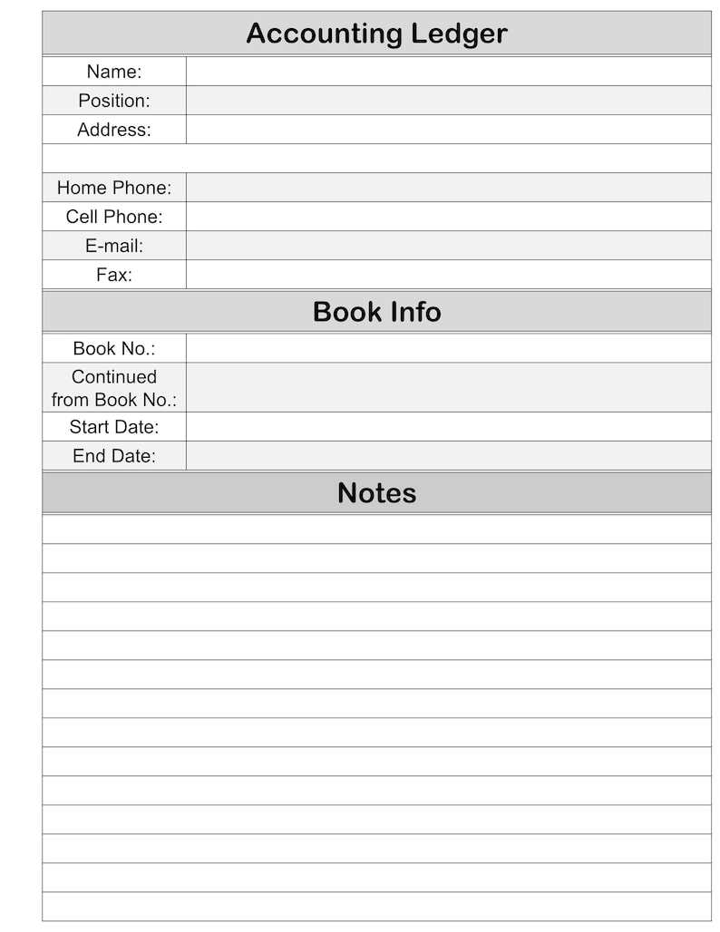 Pode incluir: Um formul&aacute;rio de livro-raz&atilde;o de contabilidade em branco com se&ccedil;&otilde;es para informa&ccedil;&otilde;es pessoais, informa&ccedil;&otilde;es do livro e notas. O formul&aacute;rio tem um fundo cinza e texto preto.