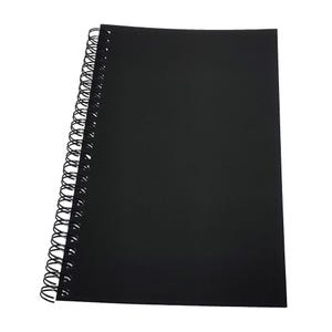 May include: A black spiral bound notebook with a black cover.