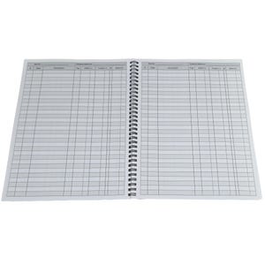 Pode incluir: Um caderno branco de espiral com duas p&aacute;ginas abertas. As p&aacute;ginas s&atilde;o divididas em colunas com cabe&ccedil;alhos para a data, a descri&ccedil;&atilde;o, a taxa, o d&eacute;bito, o cr&eacute;dito e o saldo. O caderno &eacute; projetado para o acompanhamento das finan&ccedil;as.