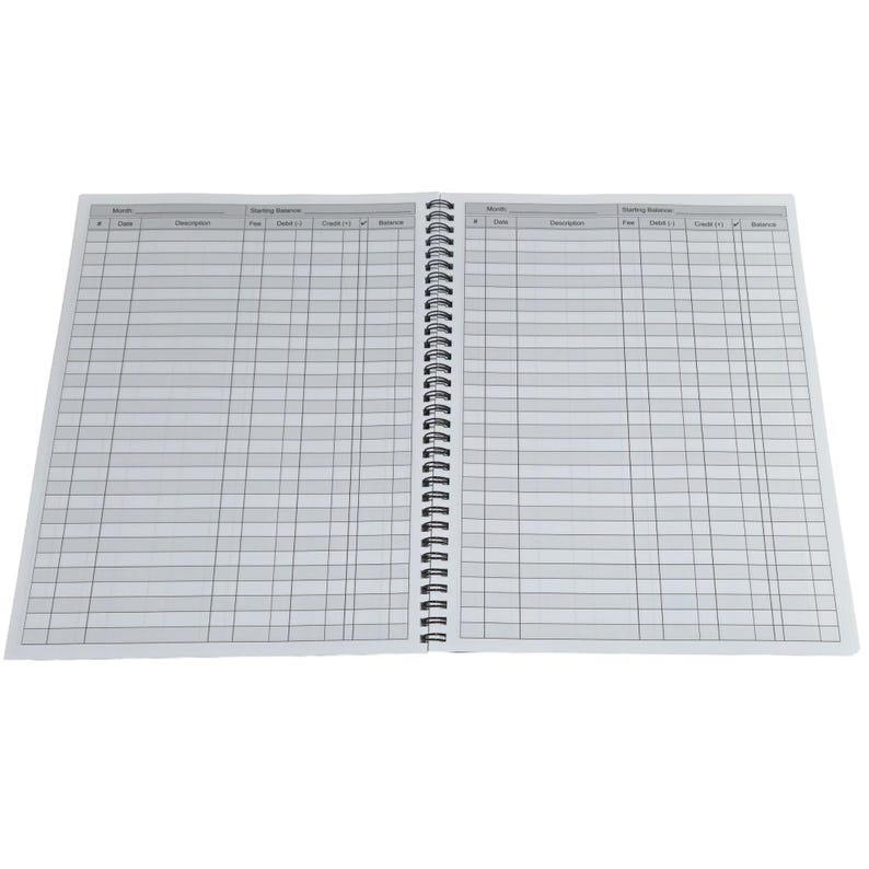 Pode incluir: Um caderno branco de espiral com duas p&aacute;ginas abertas. As p&aacute;ginas s&atilde;o divididas em colunas com cabe&ccedil;alhos para a data, a descri&ccedil;&atilde;o, a taxa, o d&eacute;bito, o cr&eacute;dito e o saldo. O caderno &eacute; projetado para o acompanhamento das finan&ccedil;as.