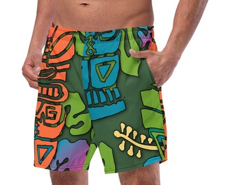 Men's Swim Trunks, Urban Chic Tiki Trunks, Resortwear, Beachwear, Cool Swim Trunks, Hawaiian Pride Trunks, Bold Graphics, Bright Colors,