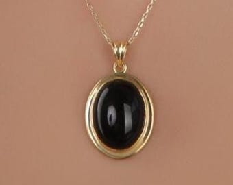 Black Onyx Pendant Necklace, 14K Gold, Protection Amulet