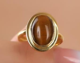 Natürlicher Tigerauge Ring für Frauen aus 10K Gold, einzigartiger ovaler Edelsteinring, Silber-Gold-Vermeil-Tigerauge-Ring, Schwester Geschenk, Statement-Ring