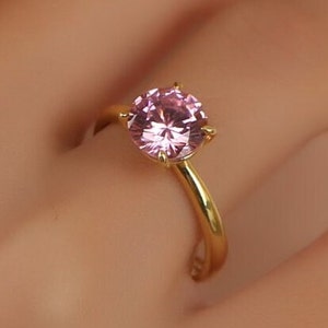 Anillo solitario de plata rosa, oro de 14 quilates, corte redondo, alianza minimalista, anillo de compromiso solitario, anillo solitario de plata rosa.