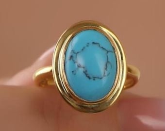 Türkis 14K Massivgold Ring für Frauen, eleganter Gold Edelstein Ring, Statement Ring für Freundin, Türkis Schmuck, einzigartiger Ehering
