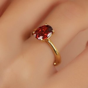 Oval Garnet Solitaire Ring, 14K Gold, Sterling Silver Band